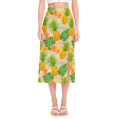 Sand Beach Pineapple Pattern Print Side Slit Midi Skirt