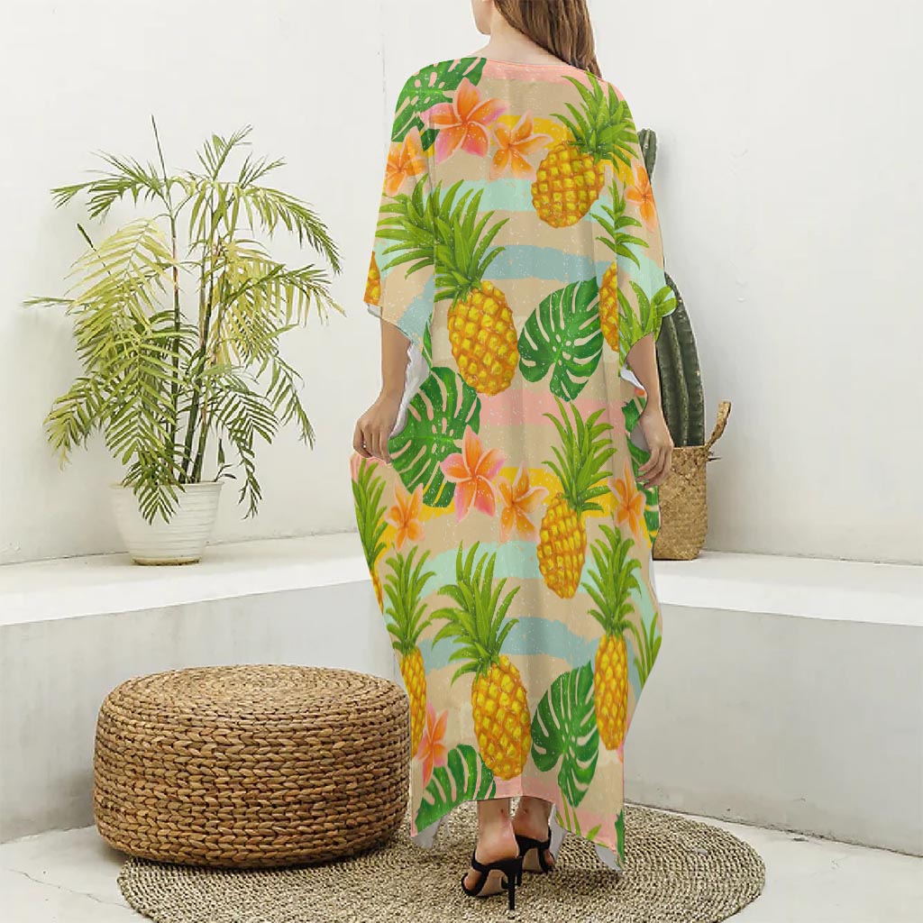 Sand Beach Pineapple Pattern Print Silk V-Neck Kaftan Dress
