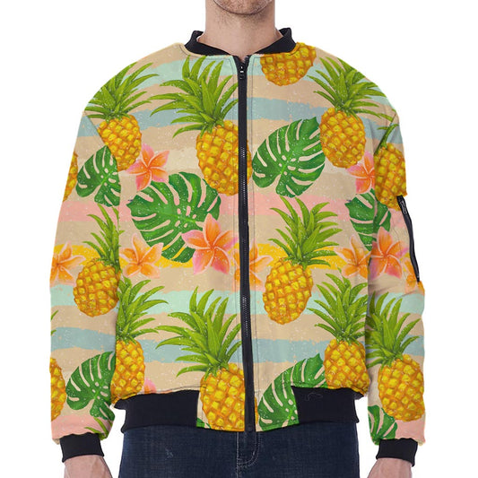 Sand Beach Pineapple Pattern Print Zip Sleeve Bomber Jacket