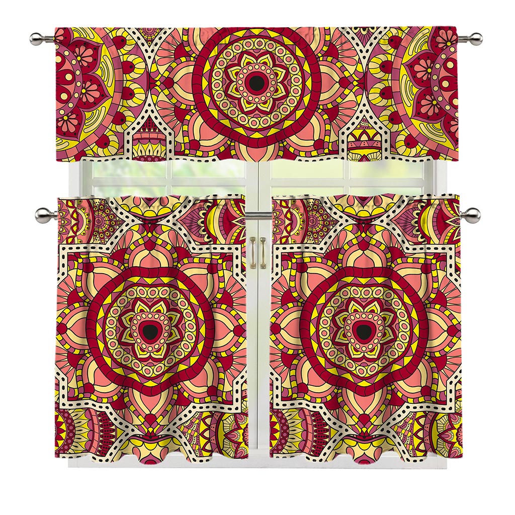 Sangria Mandala Bohemian Pattern Print 3 Piece Kitchen Curtains