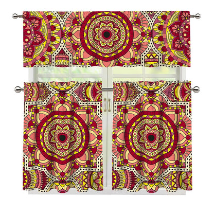 Sangria Mandala Bohemian Pattern Print 3 Piece Kitchen Curtains