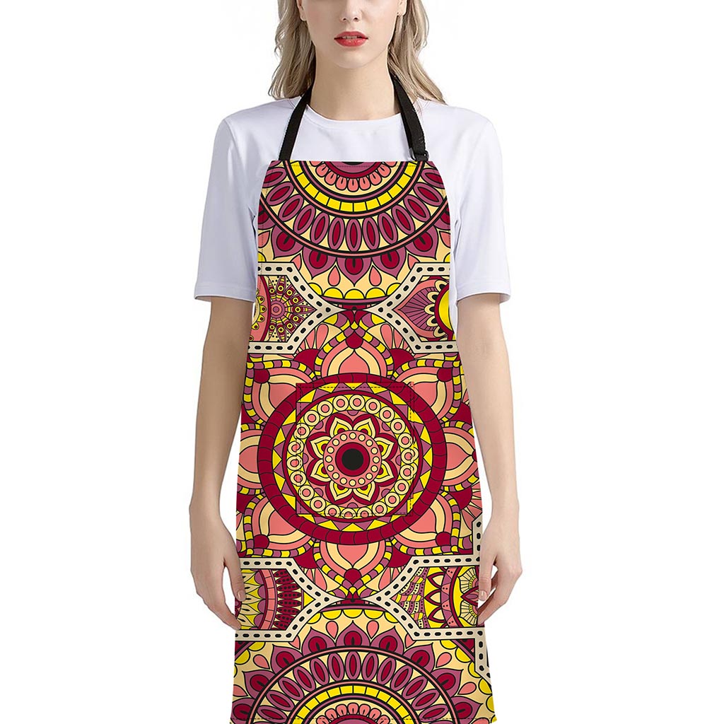 Sangria Mandala Bohemian Pattern Print Bib Apron With Pocket
