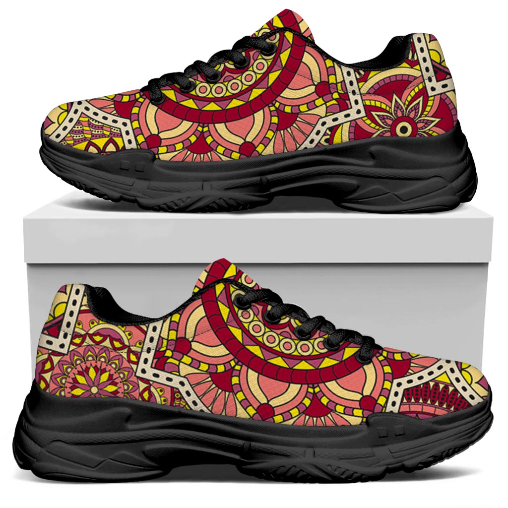 Sangria Mandala Bohemian Pattern Print Black Chunky Shoes