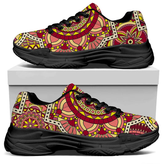 Sangria Mandala Bohemian Pattern Print Black Chunky Shoes