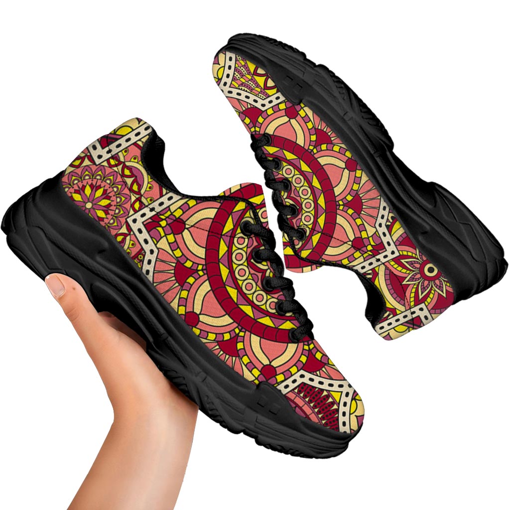 Sangria Mandala Bohemian Pattern Print Black Chunky Shoes