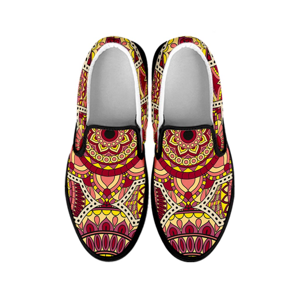 Sangria Mandala Bohemian Pattern Print Black Slip On Sneakers