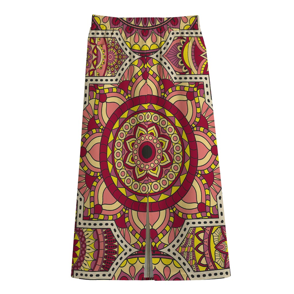 Sangria Mandala Bohemian Pattern Print Cotton Front Slit Maxi Skirt