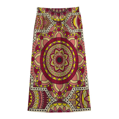 Sangria Mandala Bohemian Pattern Print Cotton Front Slit Maxi Skirt