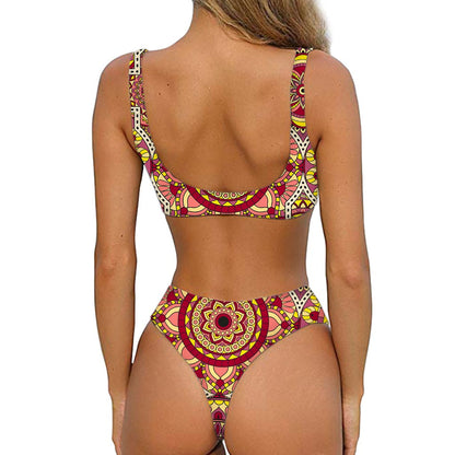 Sangria Mandala Bohemian Pattern Print Front Bow Tie Bikini