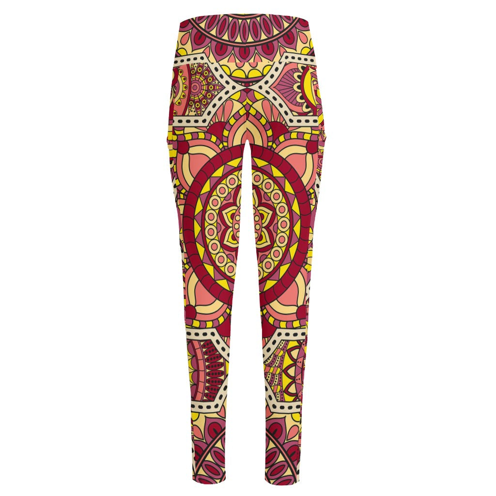 Sangria Mandala Bohemian Pattern Print High-Waisted Pocket Leggings