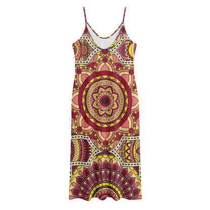 Sangria Mandala Bohemian Pattern Print Jersey Midi Cami Dress