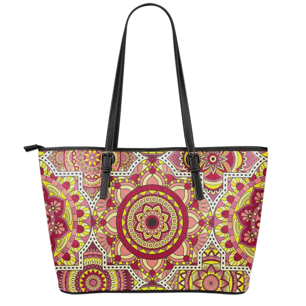 Sangria Mandala Bohemian Pattern Print Leather Tote Bag
