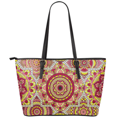 Sangria Mandala Bohemian Pattern Print Leather Tote Bag