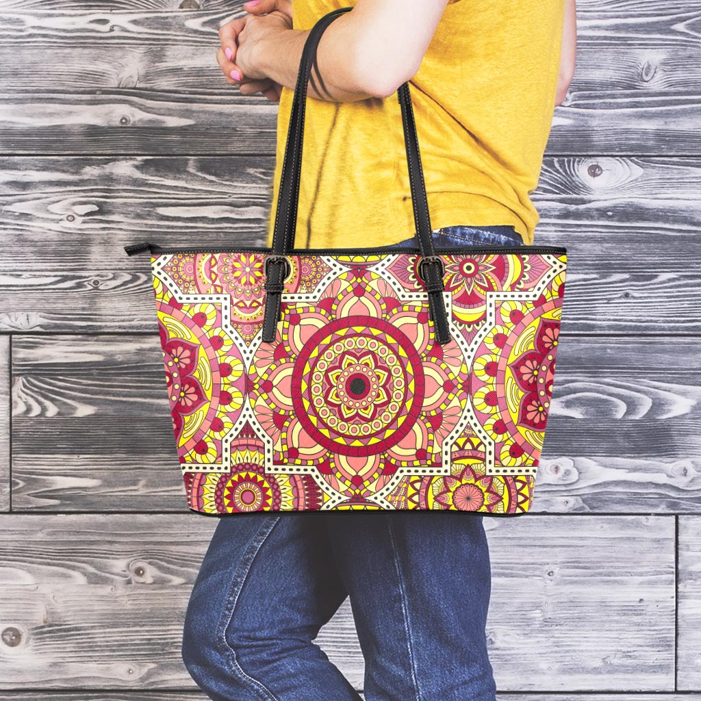 Sangria Mandala Bohemian Pattern Print Leather Tote Bag