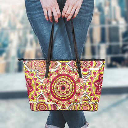 Sangria Mandala Bohemian Pattern Print Leather Tote Bag