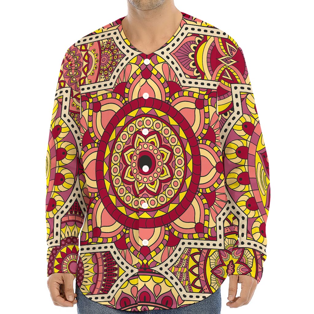 Sangria Mandala Bohemian Pattern Print Long Sleeve Baseball Jersey