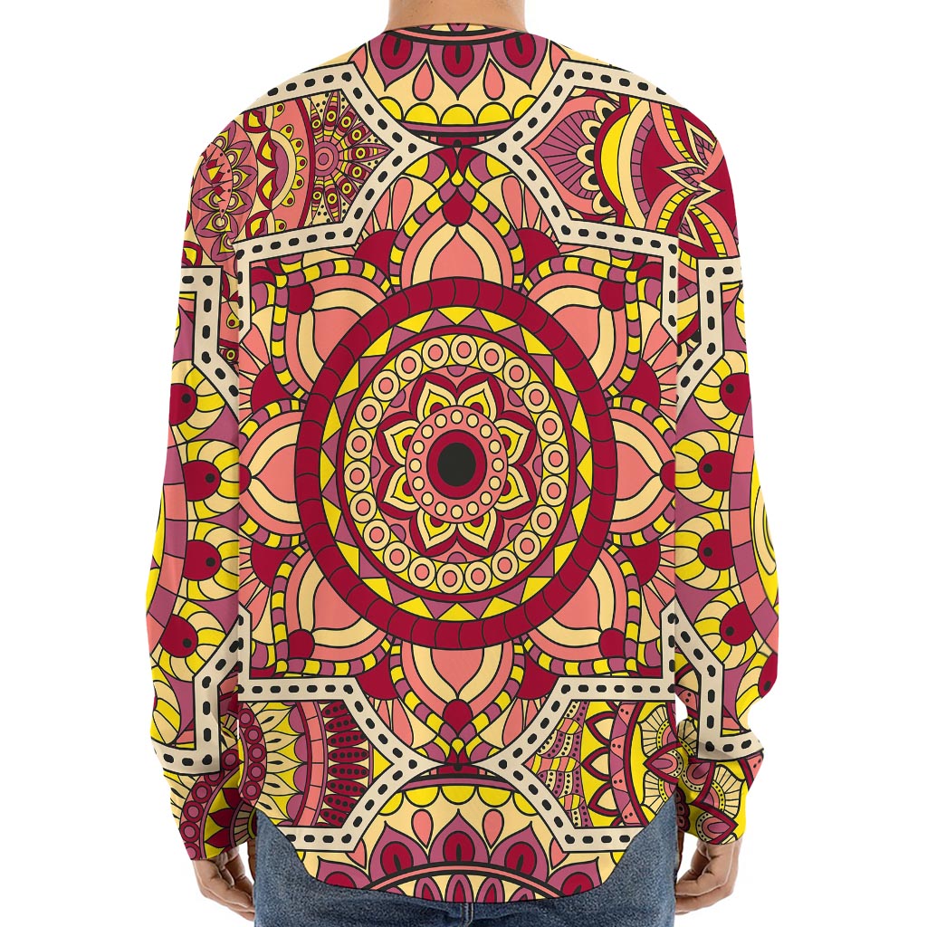 Sangria Mandala Bohemian Pattern Print Long Sleeve Baseball Jersey