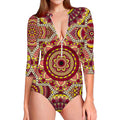Sangria Mandala Bohemian Pattern Print Long Sleeve Swimsuit