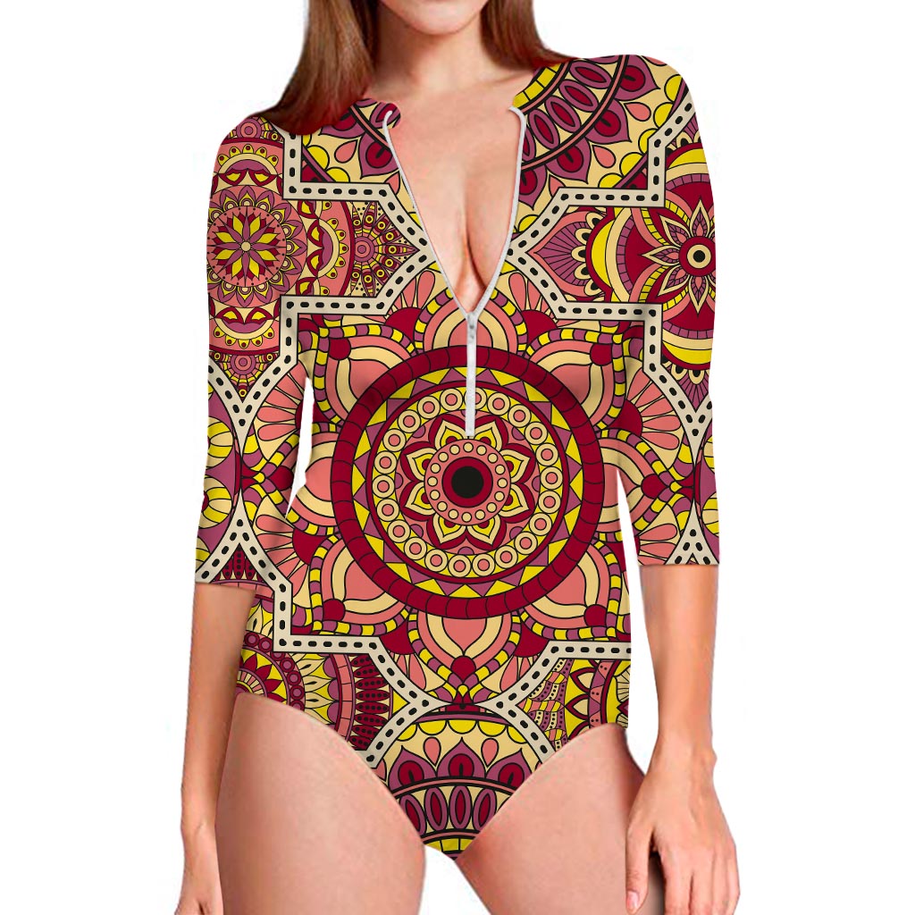 Sangria Mandala Bohemian Pattern Print Long Sleeve Swimsuit
