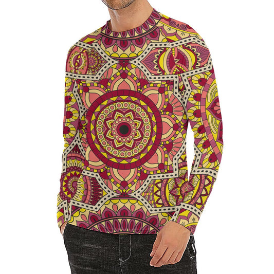 Sangria Mandala Bohemian Pattern Print Men's Long Sleeve Rash Guard