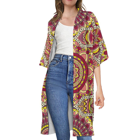 Sangria Mandala Bohemian Pattern Print Open Front Beach Cover Up