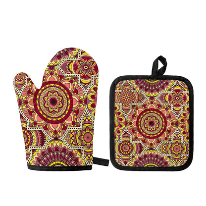 Sangria Mandala Bohemian Pattern Print Oven Mitt And Pot Holder Set