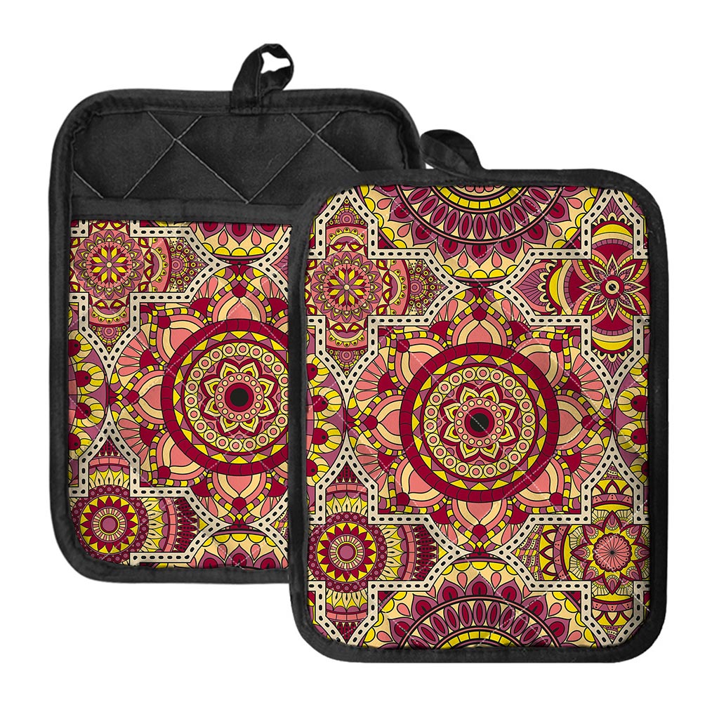 Sangria Mandala Bohemian Pattern Print Pot Holders With Pocket