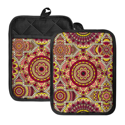 Sangria Mandala Bohemian Pattern Print Pot Holders With Pocket