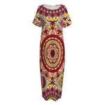 Sangria Mandala Bohemian Pattern Print Short Sleeve Long Nightdress