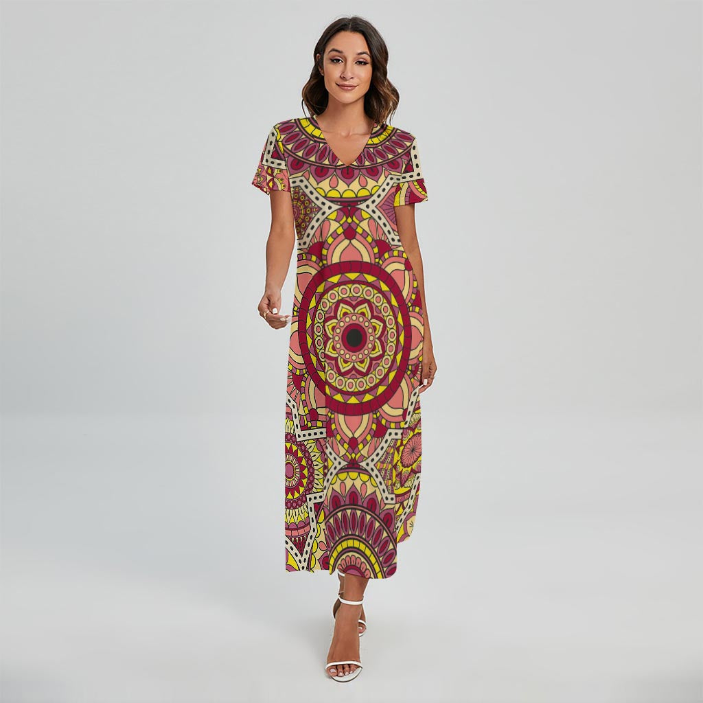 Sangria Mandala Bohemian Pattern Print Short Sleeve Maxi Dress