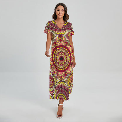 Sangria Mandala Bohemian Pattern Print Short Sleeve Maxi Dress