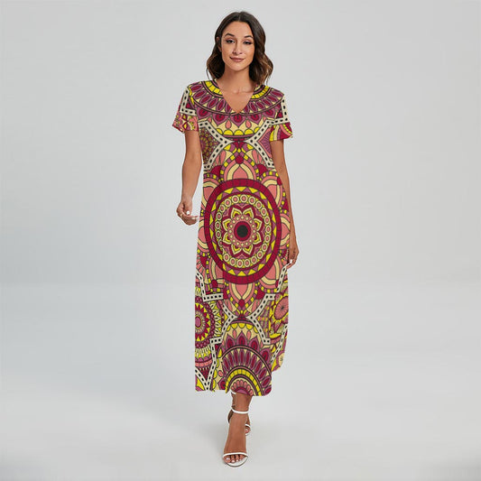Sangria Mandala Bohemian Pattern Print Short Sleeve Maxi Dress