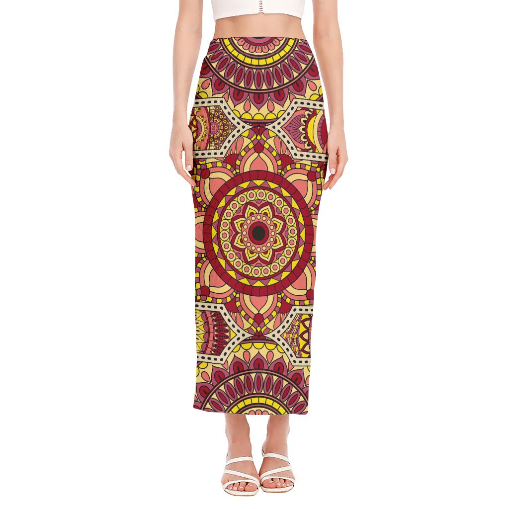 Sangria Mandala Bohemian Pattern Print Side Slit Maxi Skirt