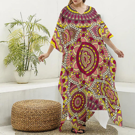 Sangria Mandala Bohemian Pattern Print Silk V-Neck Kaftan Dress