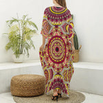 Sangria Mandala Bohemian Pattern Print Silk V-Neck Kaftan Dress