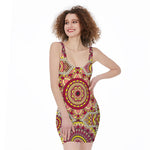 Sangria Mandala Bohemian Pattern Print Sleeveless Bodycon Dress