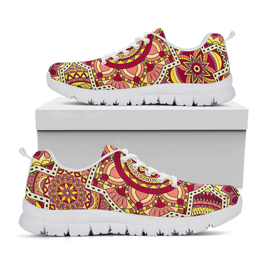 Sangria Mandala Bohemian Pattern Print White Running Shoes