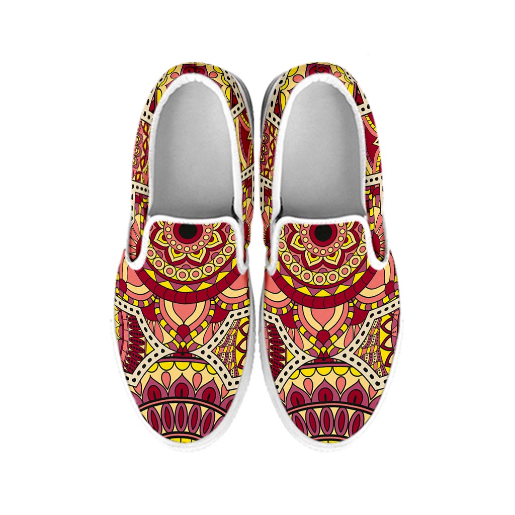 Sangria Mandala Bohemian Pattern Print White Slip On Sneakers