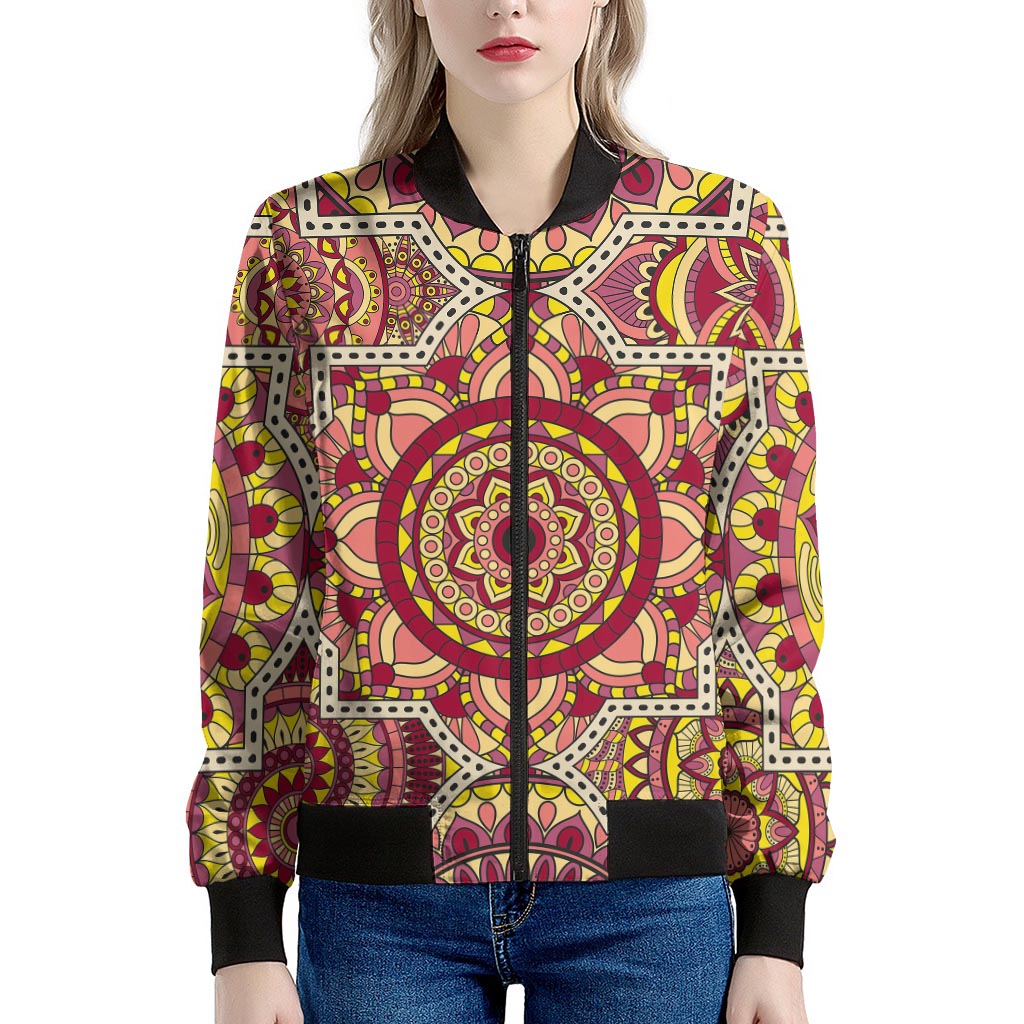 Sangria Mandala Bohemian Pattern Print Women's Bomber Jacket