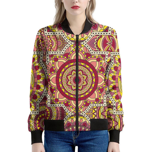 Sangria Mandala Bohemian Pattern Print Women's Bomber Jacket