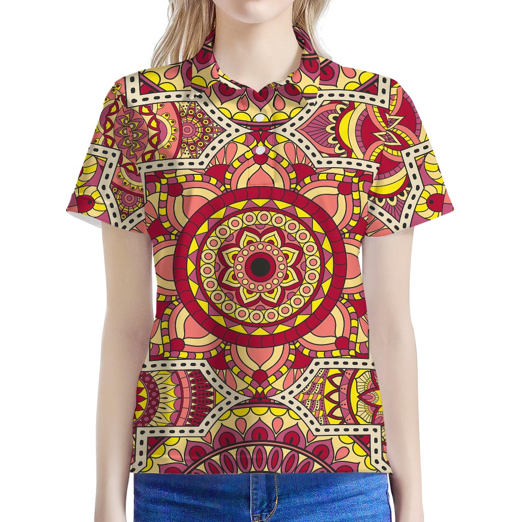 Sangria Mandala Bohemian Pattern Print Women's Polo Shirt