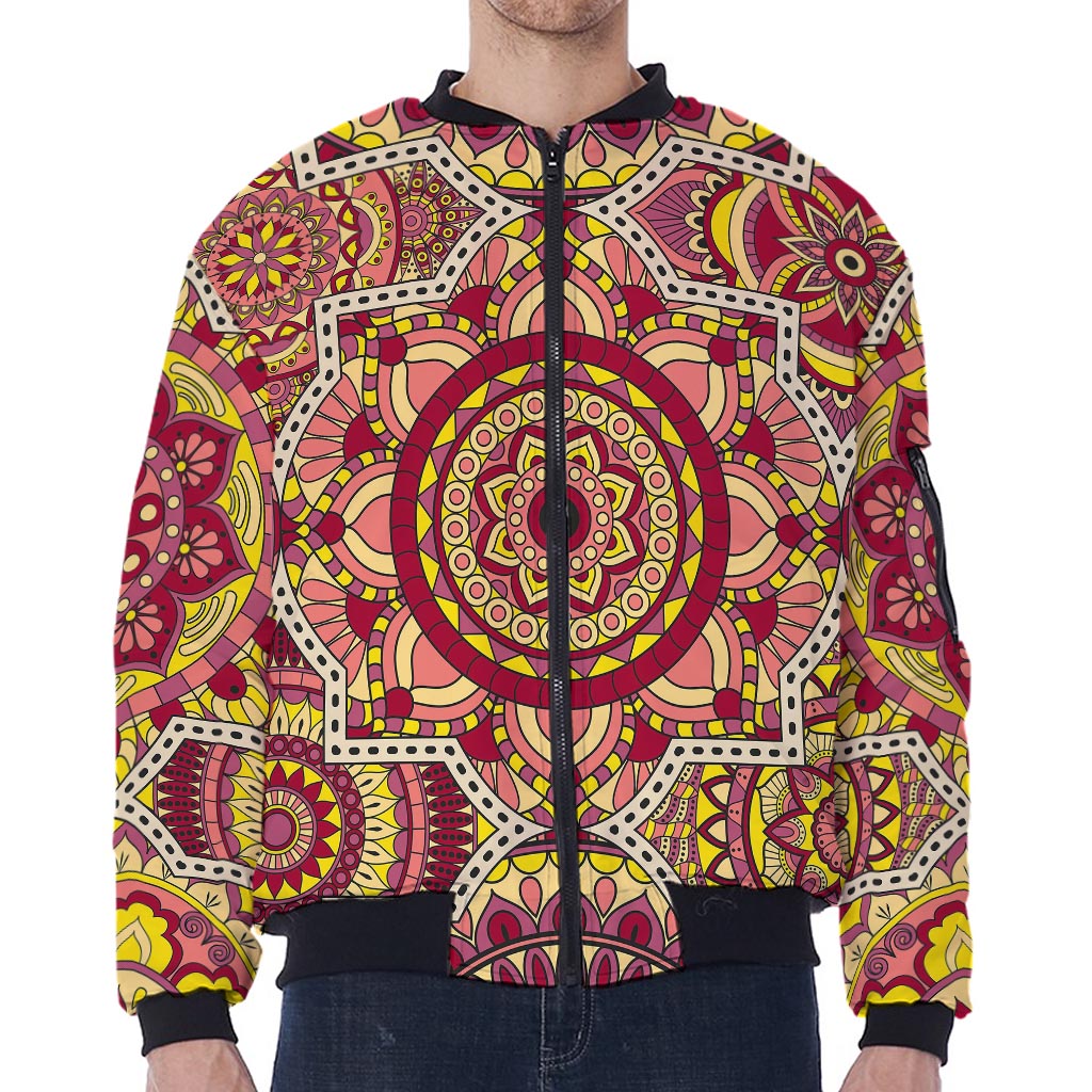 Sangria Mandala Bohemian Pattern Print Zip Sleeve Bomber Jacket