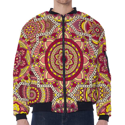 Sangria Mandala Bohemian Pattern Print Zip Sleeve Bomber Jacket