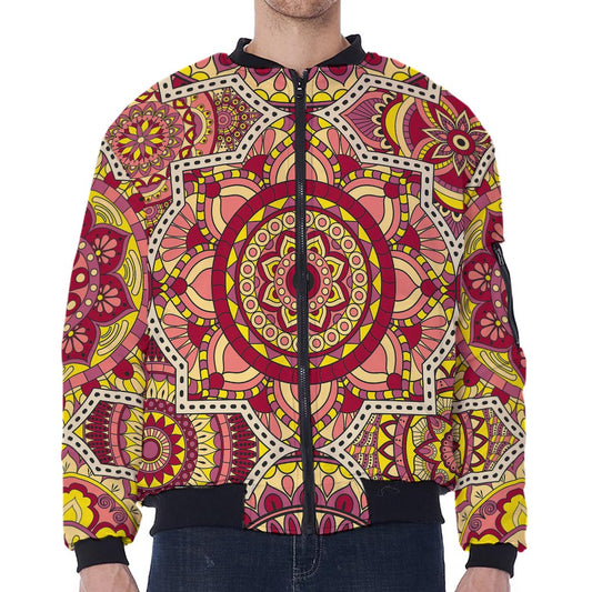 Sangria Mandala Bohemian Pattern Print Zip Sleeve Bomber Jacket