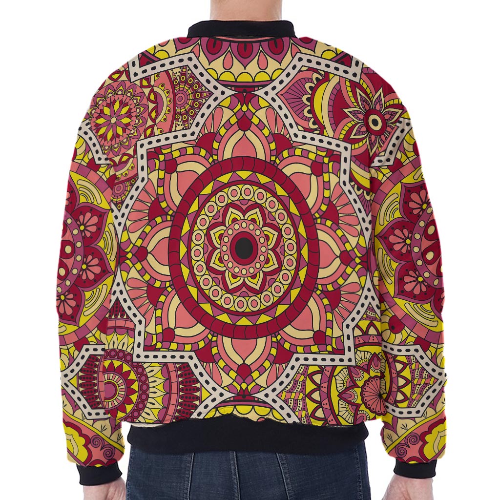 Sangria Mandala Bohemian Pattern Print Zip Sleeve Bomber Jacket