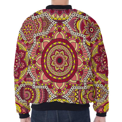 Sangria Mandala Bohemian Pattern Print Zip Sleeve Bomber Jacket