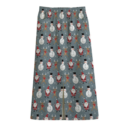 Santa Claus And Friends Pattern Print Cotton Front Slit Maxi Skirt