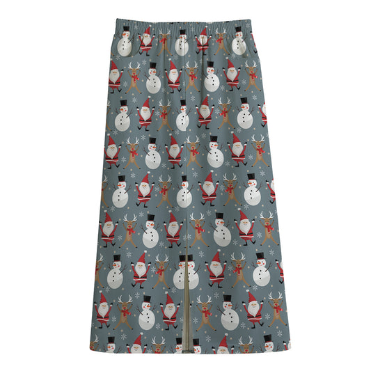 Santa Claus And Friends Pattern Print Cotton Front Slit Maxi Skirt