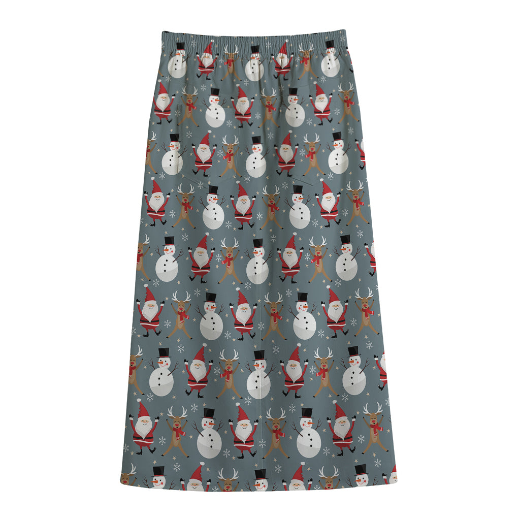 Santa Claus And Friends Pattern Print Cotton Front Slit Maxi Skirt