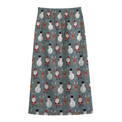 Santa Claus And Friends Pattern Print Cotton Front Slit Maxi Skirt